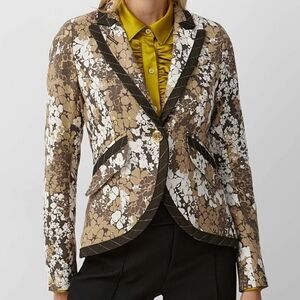 Smythe Linen Blazer Size 12 Single Breasted Large Gold Button Army Floral